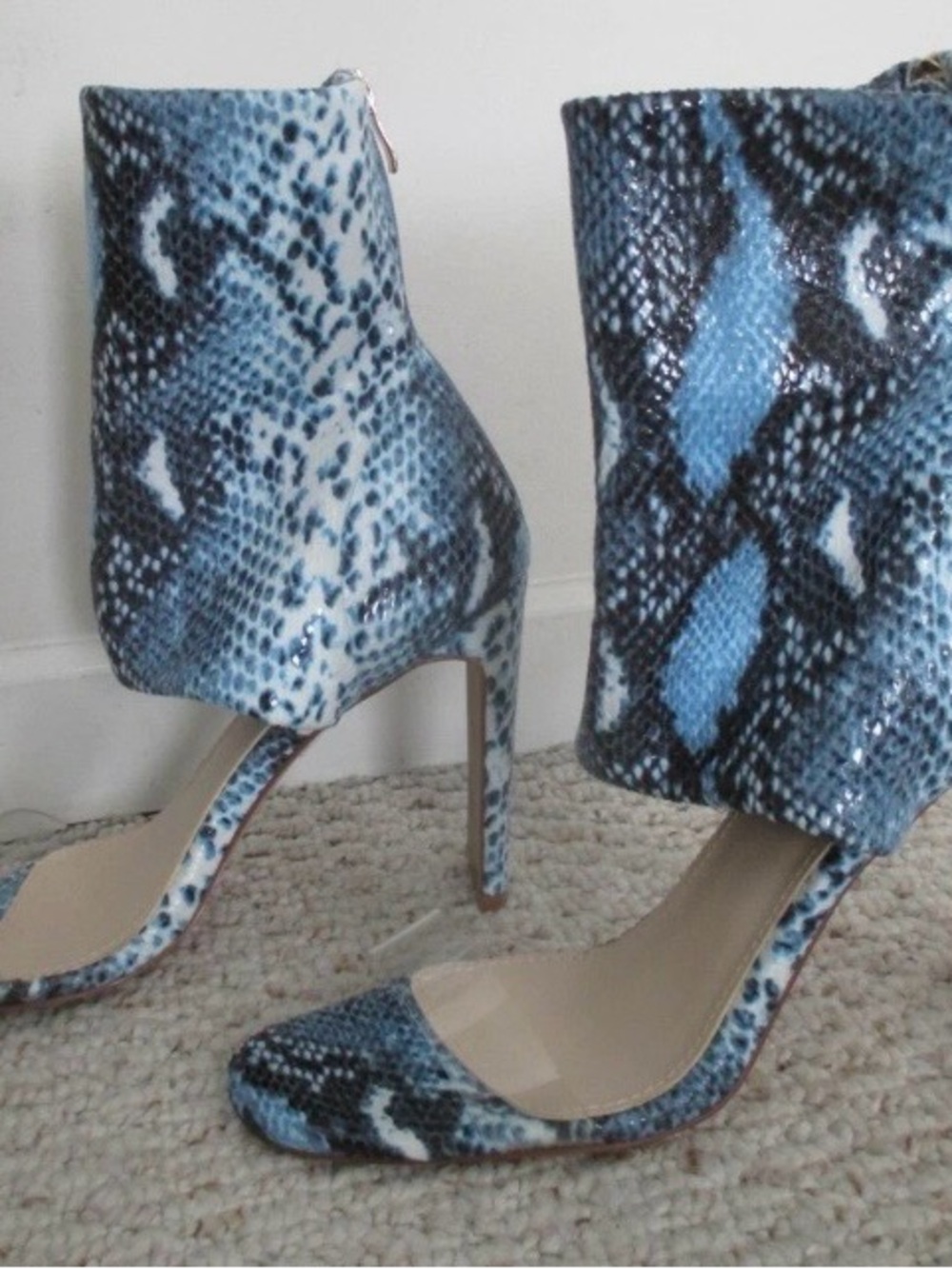 Blue Snake-Print High Heel Ankle Boots - Women NIB